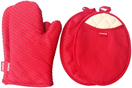 Honla Pot Holders and Oven Mitts Gloves with Silicone Printed,2 Hot Pads and 2 Potholders Set,4 Piece Heat Resistant Kitchen Linens Set for Cooking,Baking,Grilling,Barbecue,Red