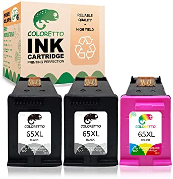 Coloretto Remanufactured Printer Ink Cartridge Replacement for HP 65 65XL 65 XL Ink Level Display for Deskjet 2622 2624 2652 2680 2730 3720 3730 3752 3755 3758,Envy 5052 5055 5058(2 Black 1 Tri-Color