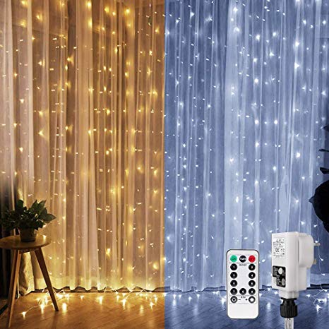 LE Dual Colour Curtain Lights, Warm White and Daylight White, 3x3m, 300 LED 9 Modes Dimmable Decorative Lights, Water Resistant Plug in Fairy Lights for Outdoor and Indoor, Remote Control Included