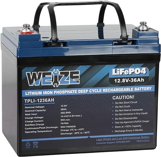 WEIZE 12V 36Ah Lithium Iron Phosphate LiFePO4 Battery, Built in BMS Group U1 Deep Cycle Rechargeable Battery, 2000  Life Cycles, Perfect for Marine, Solar, Kids Scooters, Power Wheels