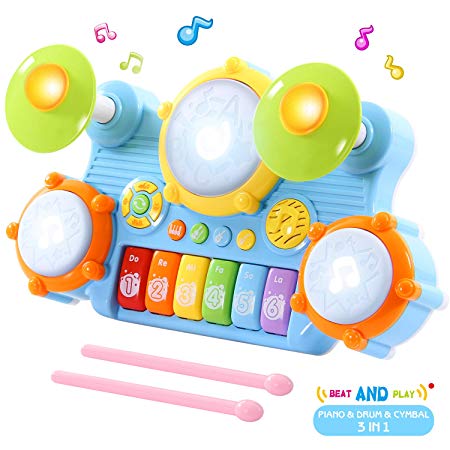 SGILE Early Education Piano & Drum Set with Hamster Mode, 5 Instruments, 27 Songs & Light