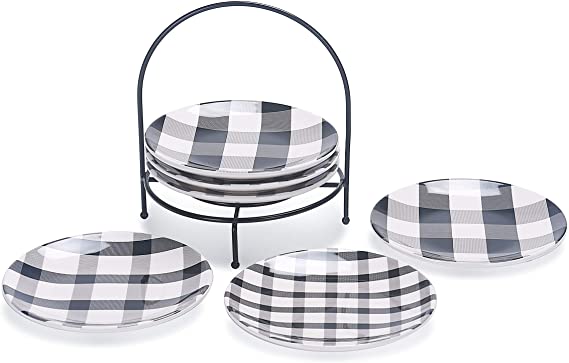 Bico Plaid Check Black and White 6 inch Ceramic Appetizer Plate with Rack, Set of 7, for Salad, Appetizer, Snacks, Plates Microwave & Dishwasher Safe