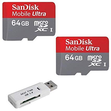 SanDisk 128GB (64GB x2)MicroSD XC Class 10 UHS-1 SDSDQUA-064G Ultra Fast Speed Memory Card with SoCal Trade, Inc. USB 3.0 MicroSD & SD Memory Card Reader