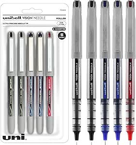 Uniball Vision Needle Rollerball Pens, Assorted Pens Pack of 5, Fine Point Pens with 0.7mm Ink