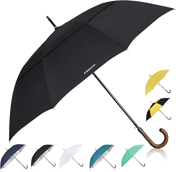 ZEKAR Wooden J-Handle Umbrella, 68 inch, Large Windproof Stick Umbrella, Auto Open Men Women Golf umbrella (Black, 68”Black-pack-of-2)