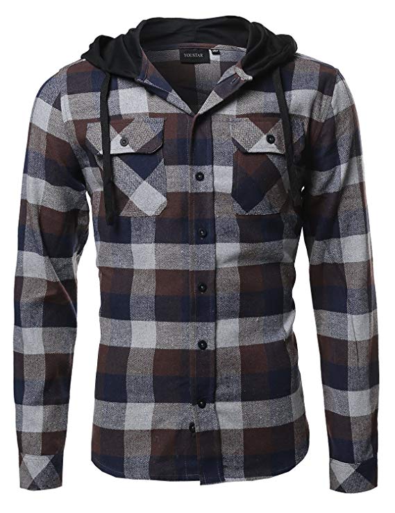 Men's Plaid Flannel Long Sleeves Button Closure Detachable Hoodie Shirt