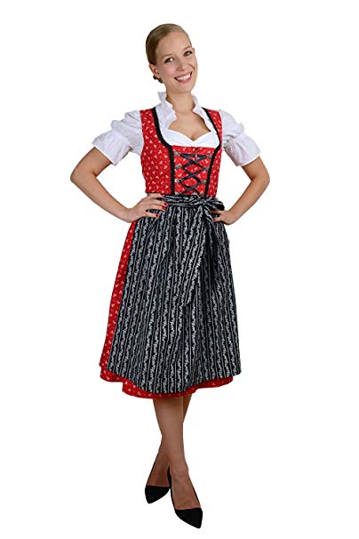Edelnice Trachtenmoden Bavarian Women's Midi Dirndl Dress 3-pcs with Apron Blouse Black red