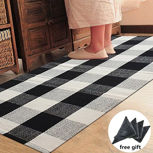 Ukeler Black and White Plaid Rugs Cotton Hand-woven Checkered Carpet Washable Non-skid Kitchen Rugs and Mat, 24''x51''