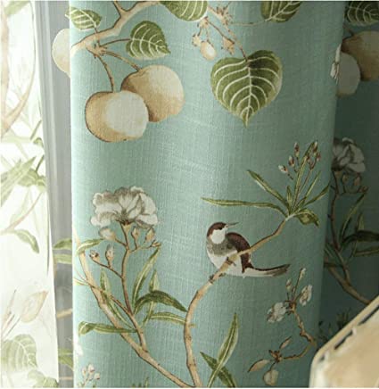 KMSG Blue Farmhouse Vintage Printed Floral Birds Patterns Extra Wide Curtains for Sliding Glass Door Decorative Patio Door Panel Window Drapes for Living Room/Bedroom 2 Panels W52 x L84 Inch