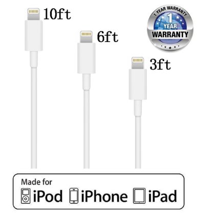 CE-Link Certified 3Pack 3FT 6FT 10FT Extra Long Lightning USB Cable for iPhone iPad iPod (Color may vary)