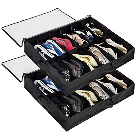 Surblue 12 Pairs Under-Bag Shoe Organizer Storage Bag with Transparent Skylight and Zippered Closure, Pack of 2 (2019 New Version)