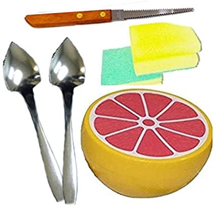 Grapefruit Set- Hutzler Grapefruit Saver,1 Grapefruit Knife Stainless Steel, Serrated Edges, 2 Grapefruit Spoons Plus BONUS 2 Dish Sponge