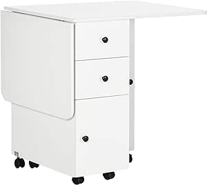 HOMCOM Foldable Dining Table, Rolling Kitchen Table with Storage Drawers and Cabinet, Drop Leaf Table on Wheels, White