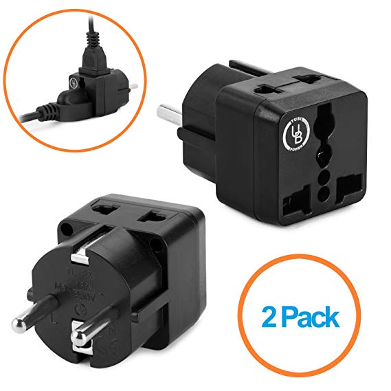 Yubi Power 2 in 1 Universal Travel Adapter with 2 Universal Outlets - Black - 2 Pack - Type E/F for France, Germany, Poland, Spain, Sweden, Switzerland, Turkey, Ukraine and more!