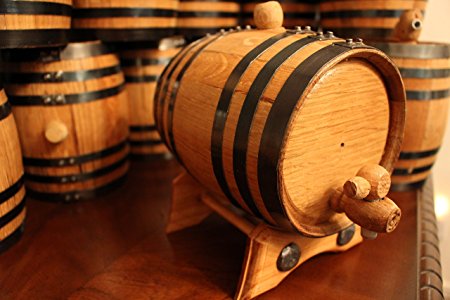 1 Liter Golden Oak Barrel for Whiskey, Wine, Rum, Bourbon, Tequila and Beer - Black Steel Hoops | 30 page Aging Guide | Vinyl Barrel Decals | Paper Funnel | No Leaks Guarantee