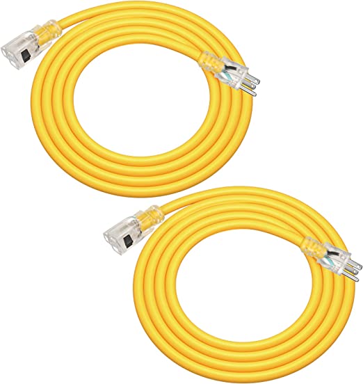 DEWENWILS 6 FT 12/3 Gauge Indoor/Outdoor Extension Cord with Lock, SJTW 15 Amp Yellow Outer Jacket Contractor Grade Heavy Duty Anti-Shedding Power Cable with LED Lighted Plug, ETL Listed 2 Pack