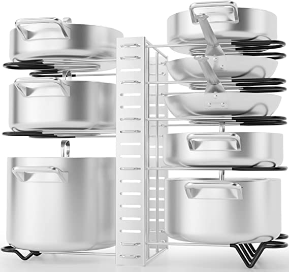 G-TING Pot Rack Organizers, 8 Tiers Pots and Pans Organizer for Kitchen Organization & Storage, Adjustable Pot Lid Holders & Pan Rack, Lid Organizer for Pots and Pans With 3 DIY Methods(Silver)