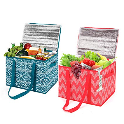 MaidMAX Insulated Reusable Grocery Box with Zippered Lid and Handles for Shopping, Picnic or Camping, Set of 2