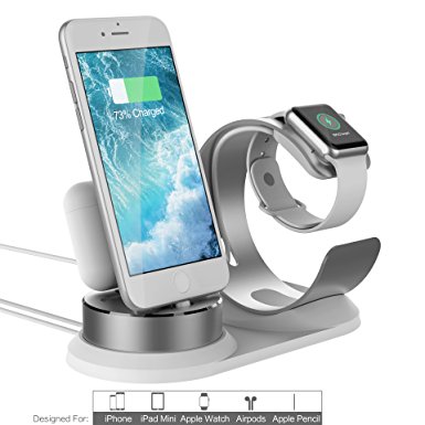 iPhone Apple Watch Charging Stand - 4 in 1 Aluminum Apple Airpods Charger Dock Station for iWatch,AirPods,Apple Pencil, iPhone X/8/8 Puls/7/6/iPad Mini and More - Silver