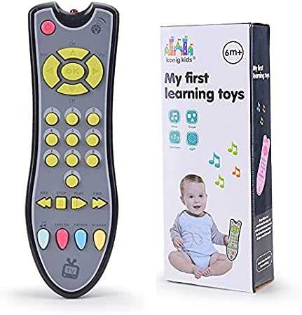 TV Remote Control Toy/Musical Play with Light and Sound/for 6 Months  Toddlers Boys or Girls Preschool Education/Three Language Modes: English, French and Spanish/Black Body,(Colored Buttons)