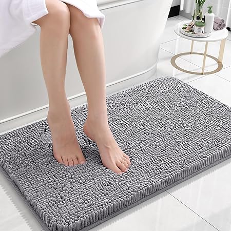 OLANLY Bathroom Rugs 24x16, Extra Soft Absorbent Chenille Bath Rugs, Non-Slip, Dry Quickly, Machine Washable, Bath Mats for Bathroom Floor, Tub and Shower, Grey