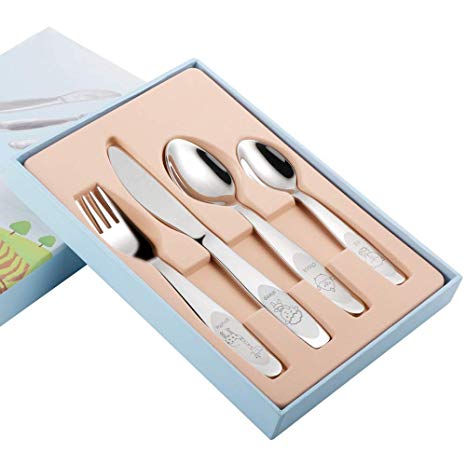Kids Silverware 18/8 Stainless Steel Utensil Set, Toddler and Child Safe Flatware for Learning, 4-Piece Cutlery Kit Includes Fork/Knife/Big and Small Spoon with Gift Box