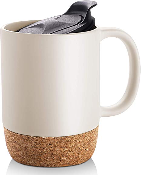 DOWAN 15 Oz Coffee Mug Set, Large Ceramic Mugs Set of 2, Tea Mugs with Insulated Cork and Splash Proof Mug Lid, Beige