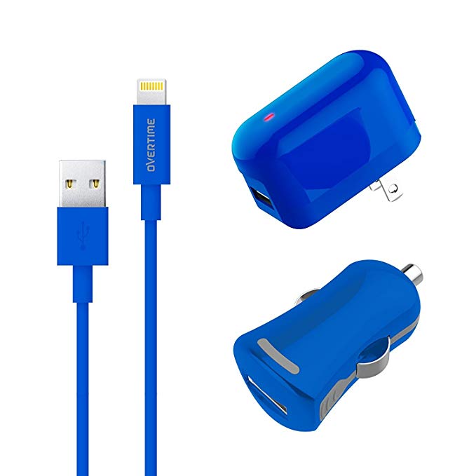 Apple Certified Home Charger Adapter and Lightning Cable with Car Charger - 2.4 Amp Charger Kit with Rapid Charge Apple Lightning to USB Cable for iPhone iPad iPod - Smart Device Multi-Charger - Blue