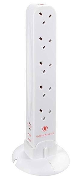 Masterplug 4m 10 Gang 13A Surge Protected Tower Extension with 2 USB Charging Points, White