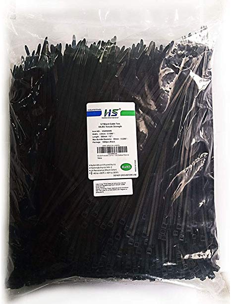 HS UV Protected (1000 Pack) Zip Ties 12 Inch Self Locking Plastic Ties 12 Inch Black Nylon Cable Ties 50 LBS,Outdoor Indoor Purpose