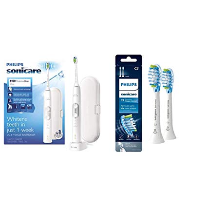 Philips Sonicare Protective Clean 6100 White and 2 pack Premium Plaque Control Brush Head Bundle