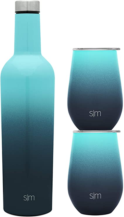 Simple Modern Spirit Wine Bundle - 2 12oz Wine Tumbler Glasses with Lids & 1 Wine Bottle - Vacuum Insulated 18/8 Stainless Steel Ombre: Bermuda Deep