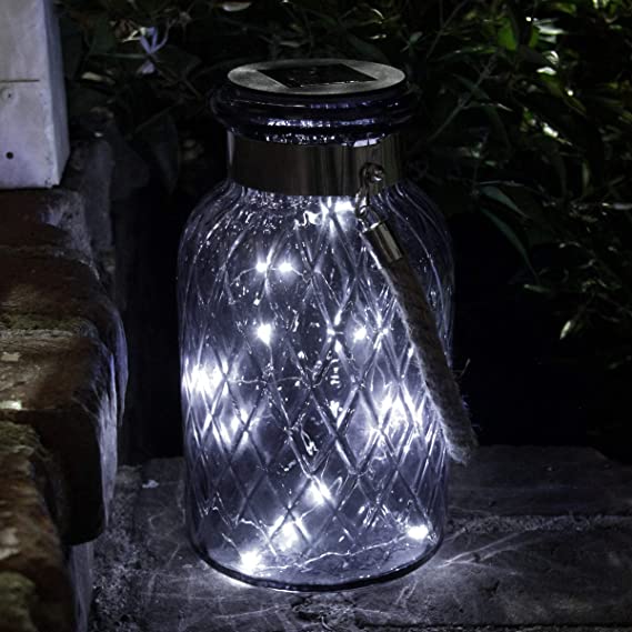Exhart Solar Light Glass Lantern Jar – Grey Lantern in Diamond Patterned Glass Design w/Solar Firefly String Lights - Solar Glass Lamp for Backyard, Porch & Outdoor Decorations, 6" L x 6" W x 10" H