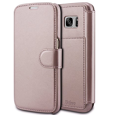 Taken Galaxy S7 Case - Slim Faux Leather Wallet Case with Card Slot for Samsung Galaxy S7 (Rose Gold)