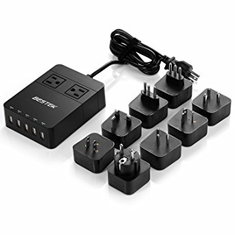 BESTEK USB Travel Charging Station with 8 International Travel Adapter,5-Port 40W USB Charger and 2 Surge Protected Outlets Power Strip Power Bar-Black