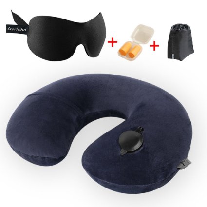 Iserlohn Travel Pillow Set with Memory Foam Sleep Mask, Earplugs and Carry Pouch -3 Seconds to Full Inflation