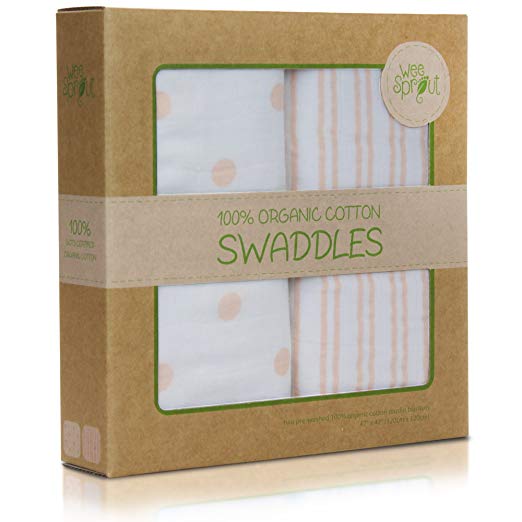 WeeSprout Organic Cotton Muslin 47-by-47-Inch Swaddle Blankets, Pack of 2