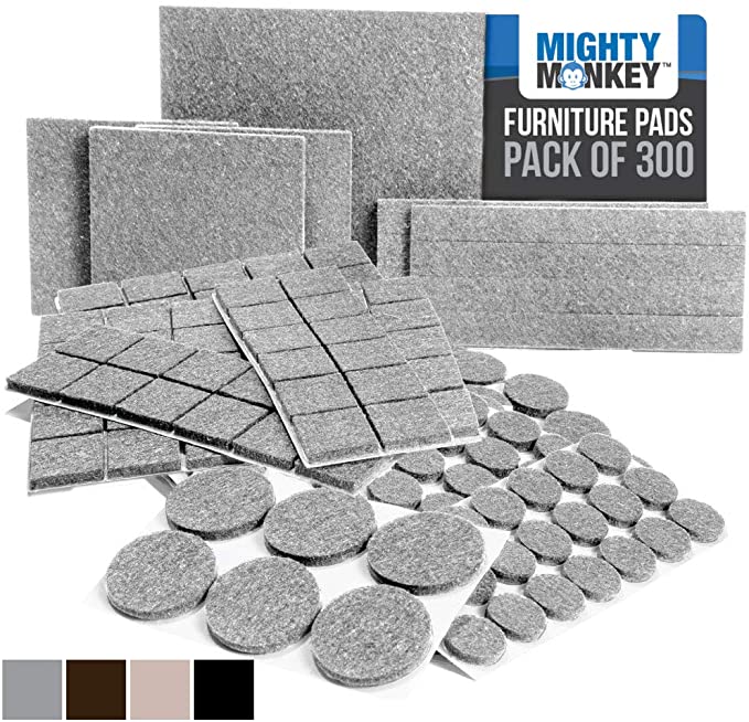 MIGHTY MONKEY Felt Furniture Gripper Pads, 300 Pack, Easy Glide, Stays on Furniture, Pad Prevents Scratches on Floors, Prescored Adhesive Strips Secure to Furniture, Heavy Duty, Protects Floor, Gray