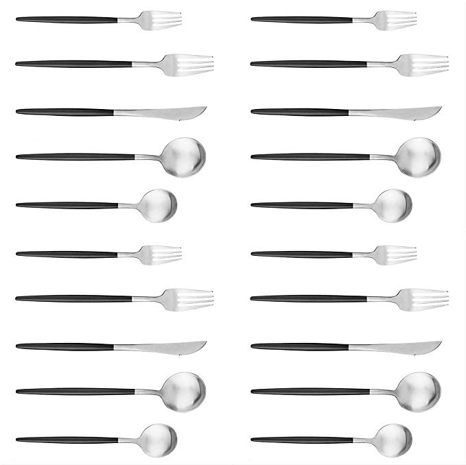 Artthome 20-Piece 18/10 Stainless Steel Flatware Silverware Dinnerware Set Cutlery Tableware Include Knife Fork Spoon (silver and black matte)