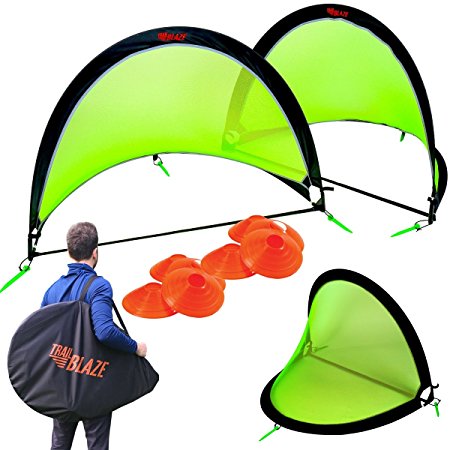 Trailblaze Pop Up Soccer Goal Set of 2 - Portable Kids Soccer Goals for Backyard with Carry Bag. 8 Disc Soccer Cones   Extra Metal Pegs - Strongest Toddler Soccer Nets