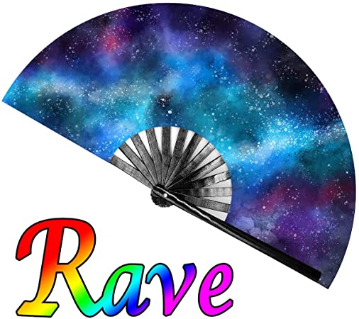 OMyTea Large Rave Clack Folding Hand Fan for Men/Women - Chinese Japanese Bamboo Handheld Fan - for EDM, Music Festival, Club, Event, Party, Dance, Performance, Decoration, Gift (Stardust)