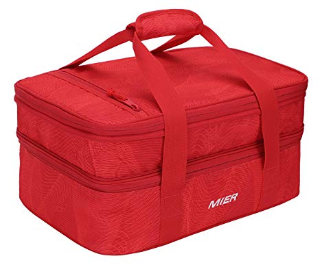 MIER Insulated Double Casserole Carrier Thermal Lunch Tote for Potluck Parties, Picnic, Beach - Fits 9"x13" Casserole Dish, Expandable, Red