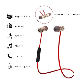 TechStick Wireless Bluetooth 4.1 Headphones,Super Bass Noise Isolating Lightweight Sweatproof Earbuds, Magnetic Stereo Comfort Fit In-Ear Sports Earphones for iPhone, Samsung & other devices (Red)