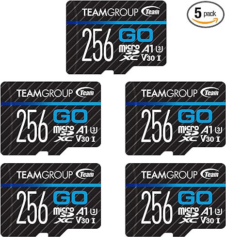 TEAMGROUP GO Card 256GB x 5 PACK Micro SDXC UHS-I U3 V30 4K for GoPro & Drone & Action Cameras High Speed Flash Memory Card with Adapter for Outdoor Sports, 4K Shooting, Nintendo-Switch TGUSDX256GU363