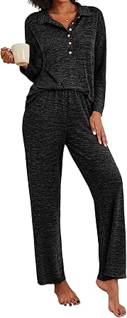 Ekouaer Women's Pajamas Set 2 Piece Knit Long Sleeve Button Down Sleepwear Soft Pjs Lounge Sets S-XXL