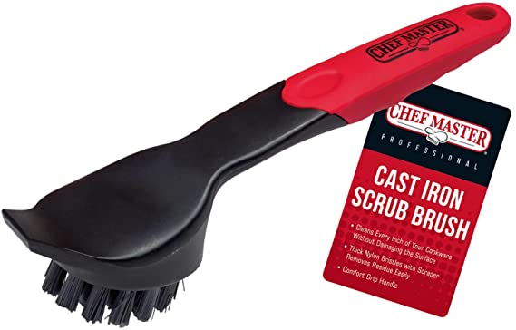 Chef Master 90058 Cast Iron Scrub Brush | Comfortable Plastic Grip | Quality Nylon Scraper and Bristles | Does not Damage Cast Iron | Use on Cast Iron Skillets | Easily Cleans Old Food and Buildup