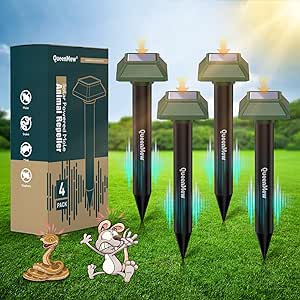 Mole Repellent 4 Pack, Solar Powered Gopher Vole Repellent for Home Yard Lawn Garden, 700 M² Waterproof Outdoor Indoor Animal Deterrent for Rat Rabbit Squirrel Raccoon Snake, Sound Frequency 400 Hz