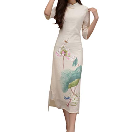 WDPL Women's Tea Length Cotton Cheongsam Qipao Chinese Traditional Dress 1403