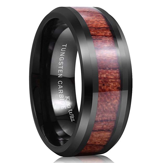 King Will Nature Koa Wood Inlay Tungsten Carbide Wedding Ring 8mm Rose Gold/Blue/Black/Silver High Polished Comfort Fit