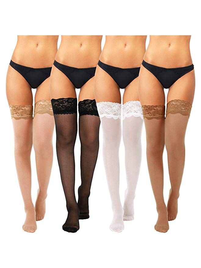 4 Pairs Women Thigh High Stocking Silicone Lace Top Stockings Silk Stocking Tights for Women Girls